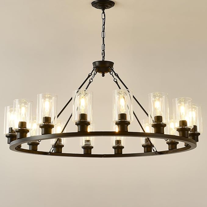 Black Wagon Wheel Chandelier 32 Inch Modern Farmhouse Glass
