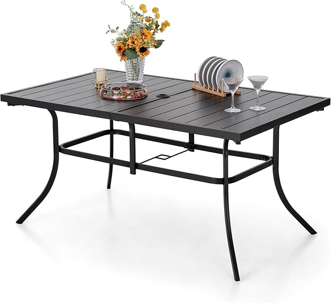 6-Person Outdoor Metal Steel Slat Dining Rectangle Table with Adjustable Umbrella Hole