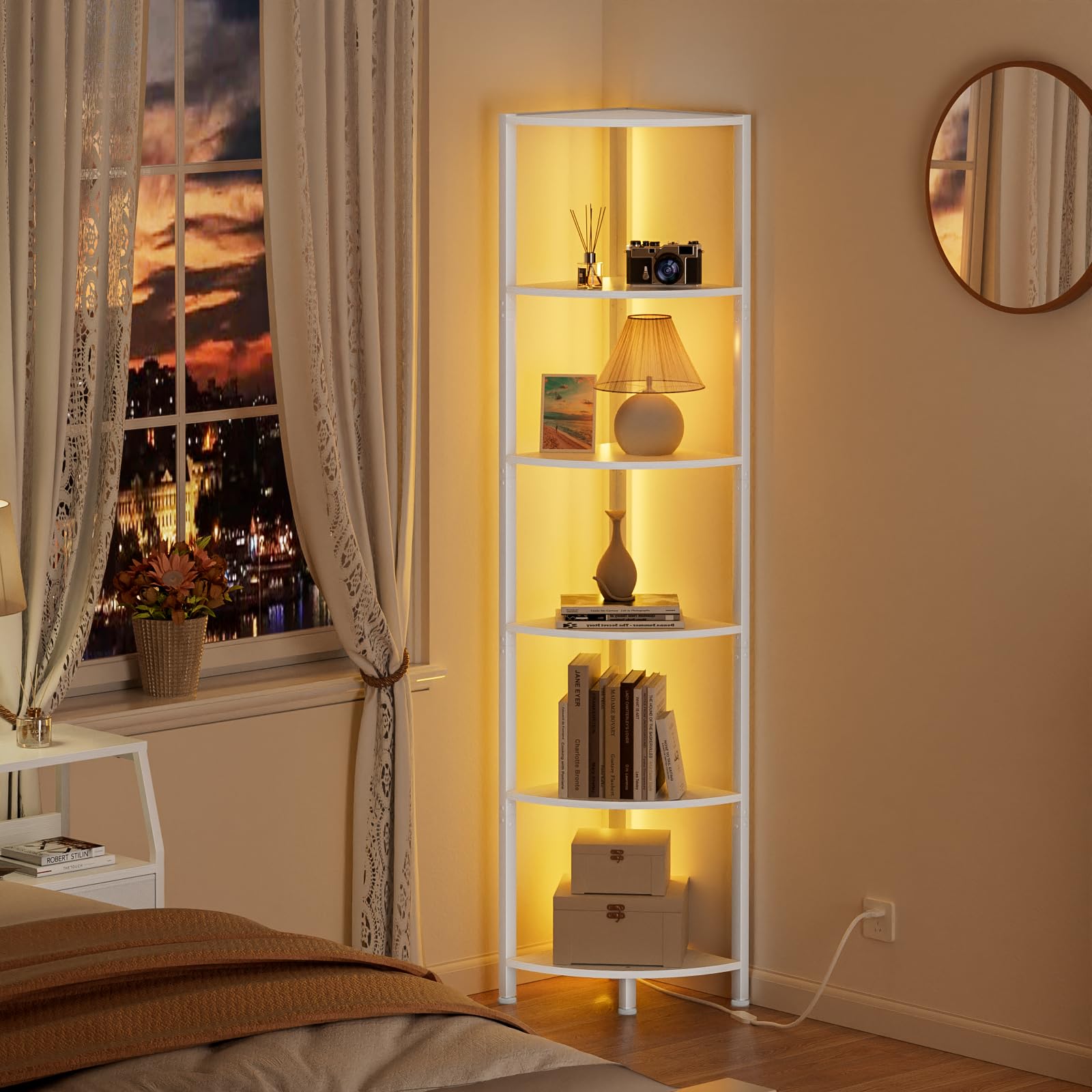 White Narrow Bookshelf with Storage Rack for Wall Corner, Living Room