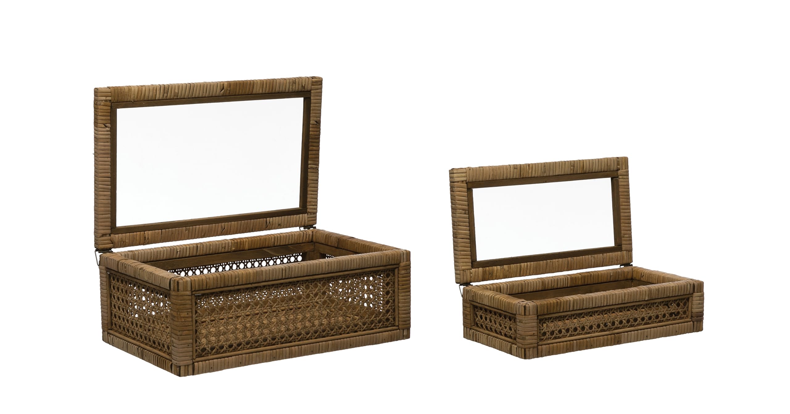 Modern Decorative Rectangle Woven Rattan and Wood Display Boxes