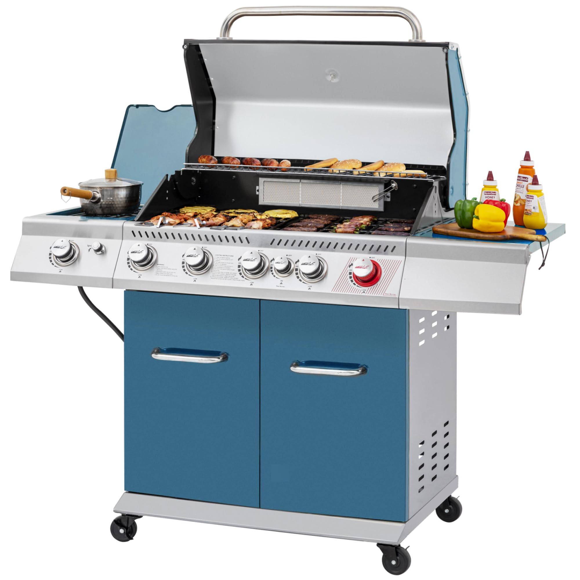 5 Burner Propane Gas Grill with Side Burner & Rear Burner, Cabinet Style Design BBQ Grill