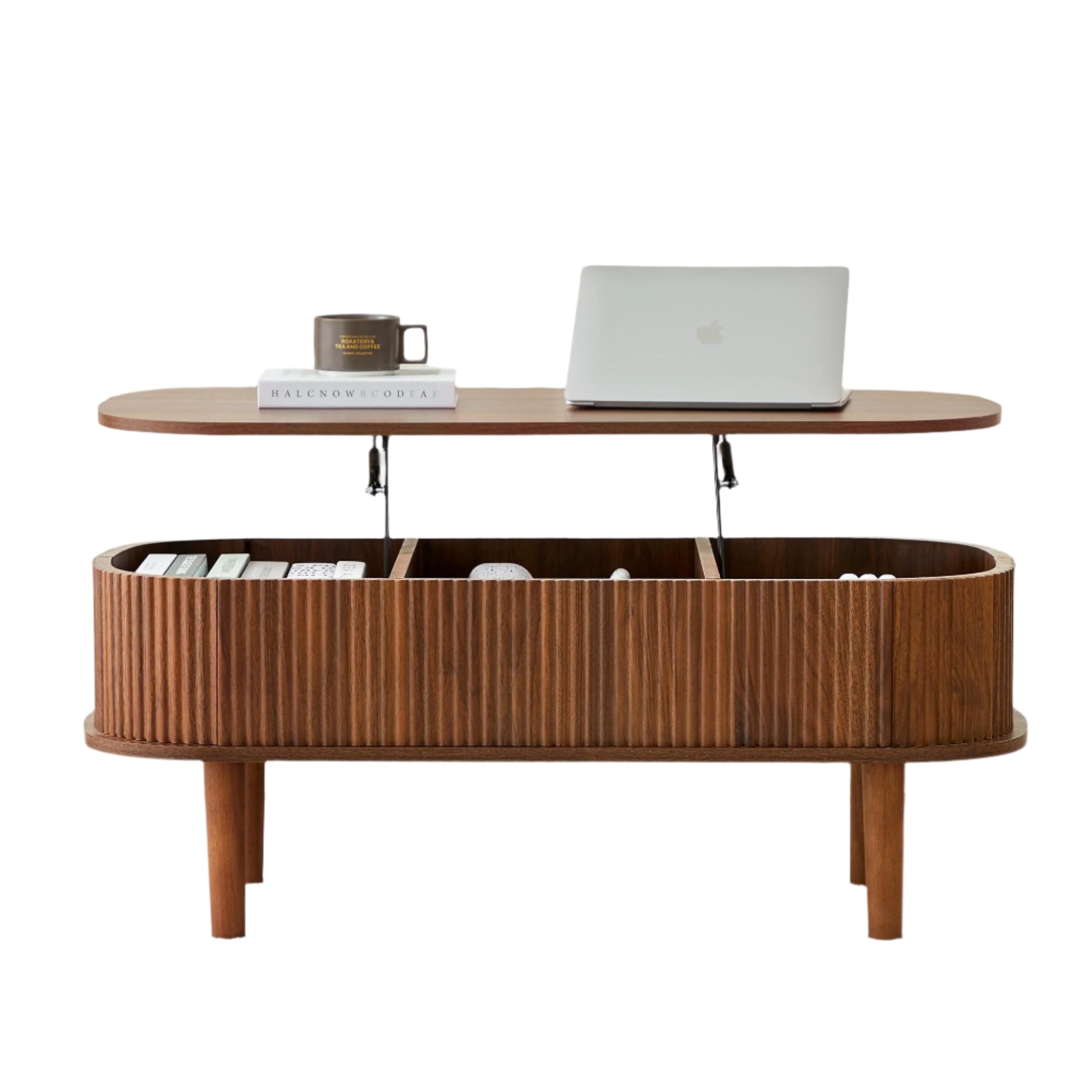 Fluted Lift Top Coffee Table with Hidden Compartment, Fully Assembled Wooden Center