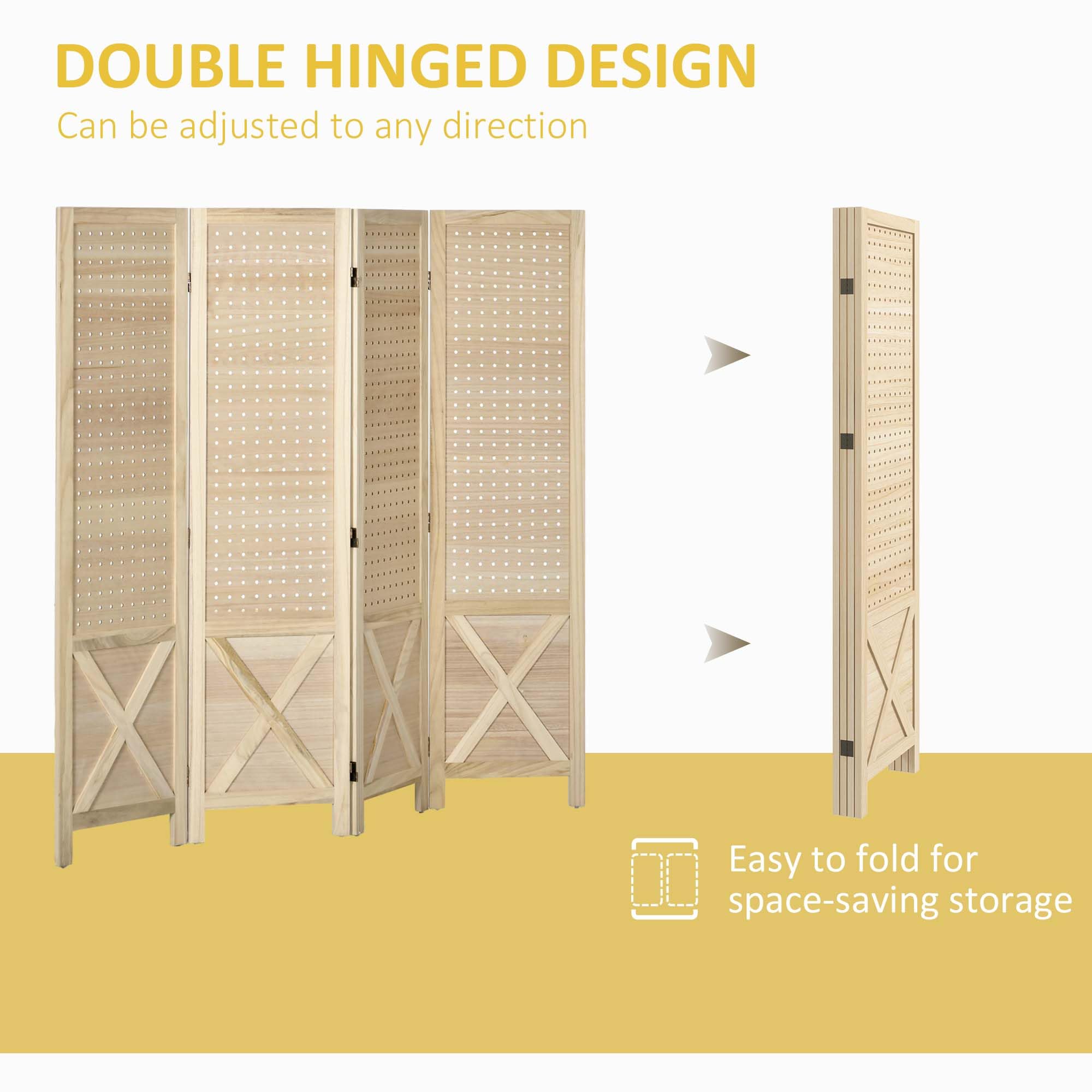 HOMCOM 4 Panel Pegboard Display Room Divider, 4.7' Tall Wood Folding Privacy Screen, Partition Wall Divider for Home Office, Natural