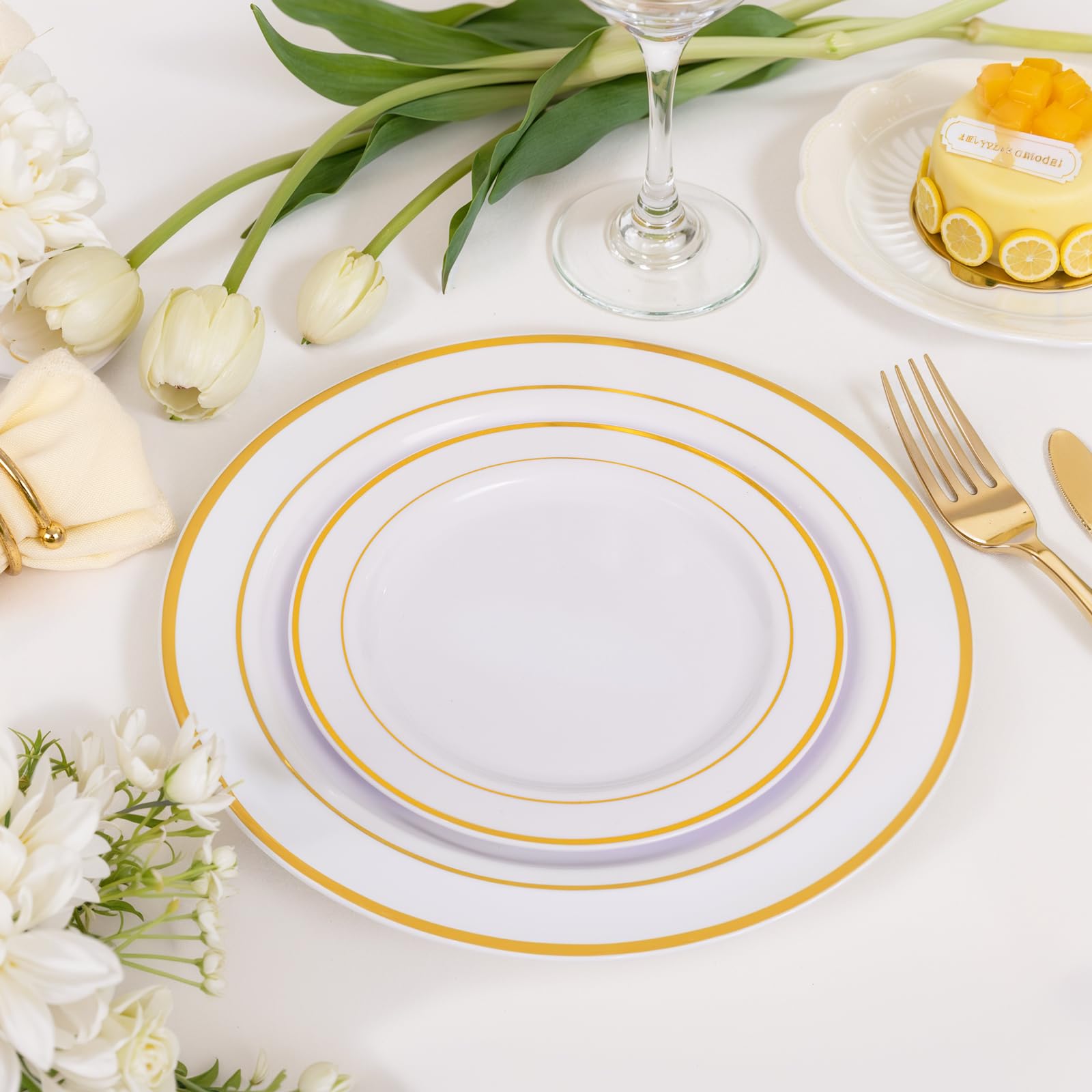 200PCS Gold Plastic Plates Disposable - 100 Dinner / 100 Dessert Plates Heavy Duty