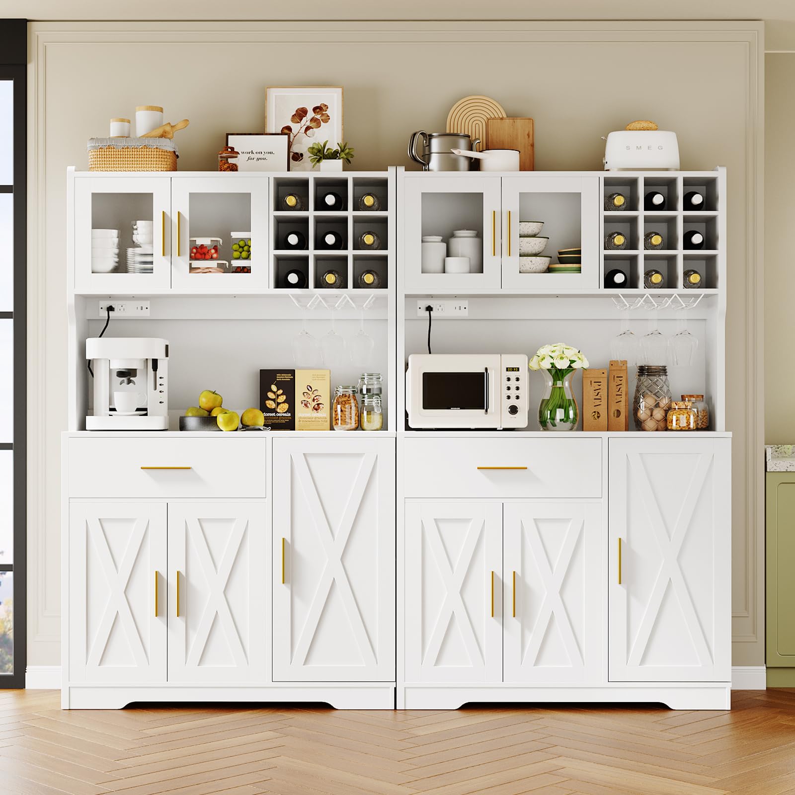 Pantry Cabinet with LED Lights and Charging Station, Kitchen Pantry Cabinet