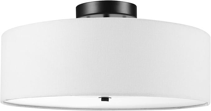 2-Light Semi-Flush Mount Ceiling Light, Matte Black, 2-Tier, White Linen Shade