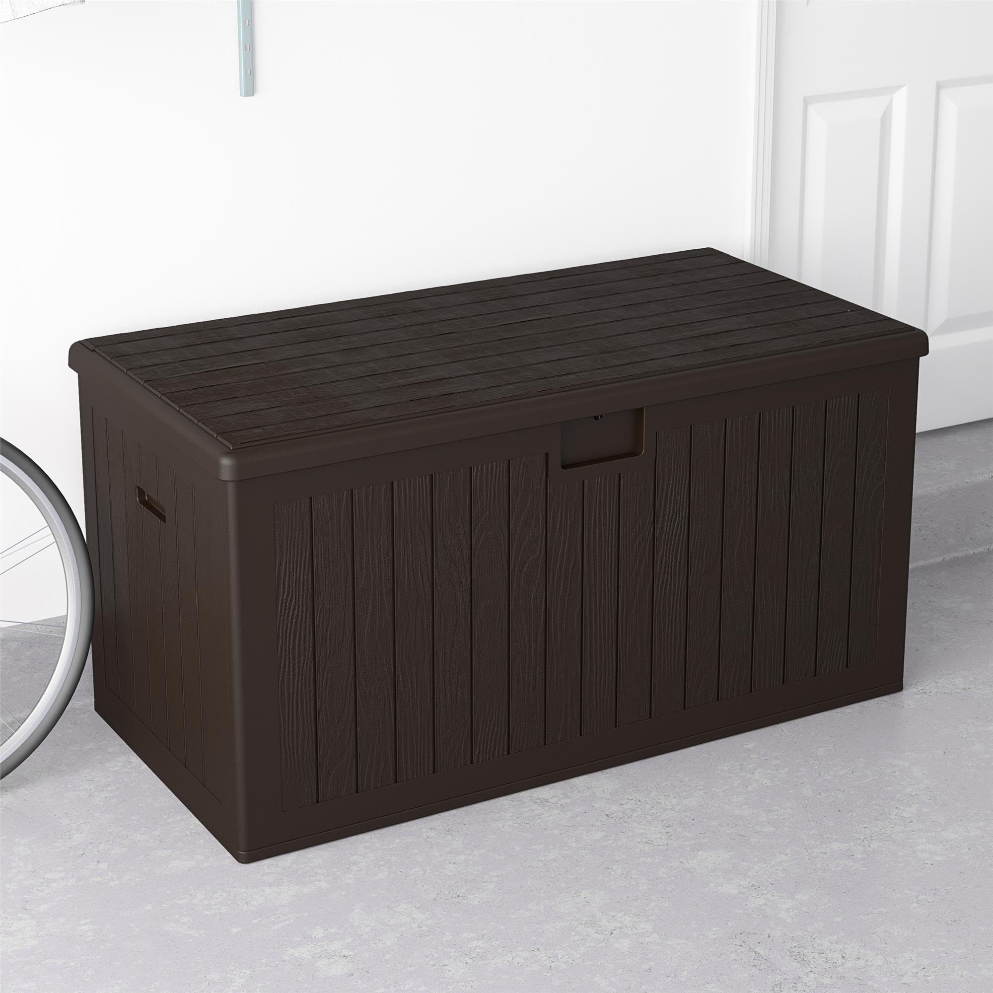 Gallon Outdoor Storage Box with Storage Divider, Weather Resistant Resin
