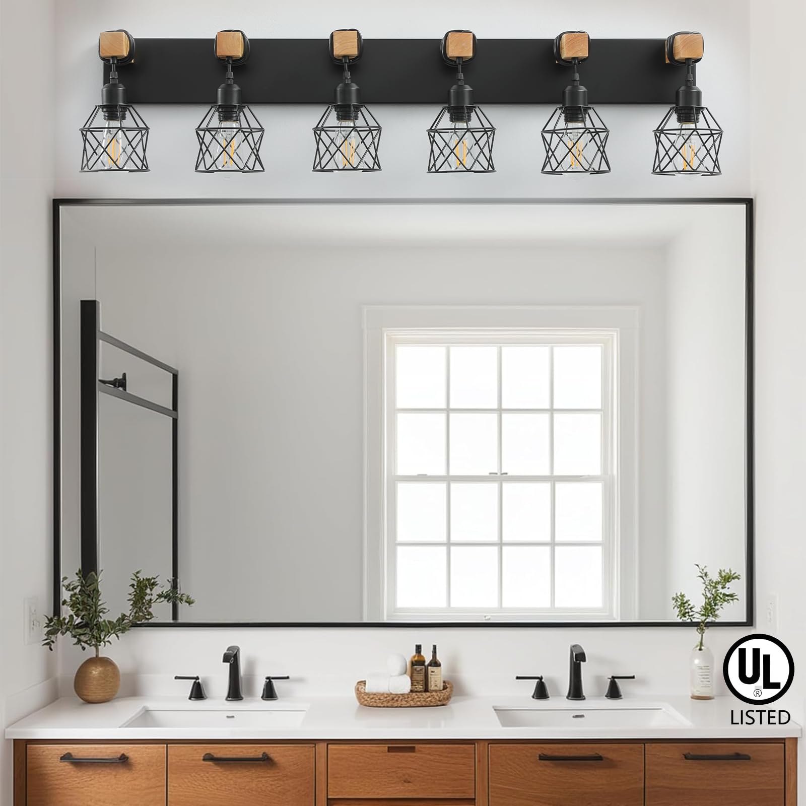 Farmhouse Vanity Light Fixture,6-Light Bathroom Lighting,Black Industrial Wood Wall Light