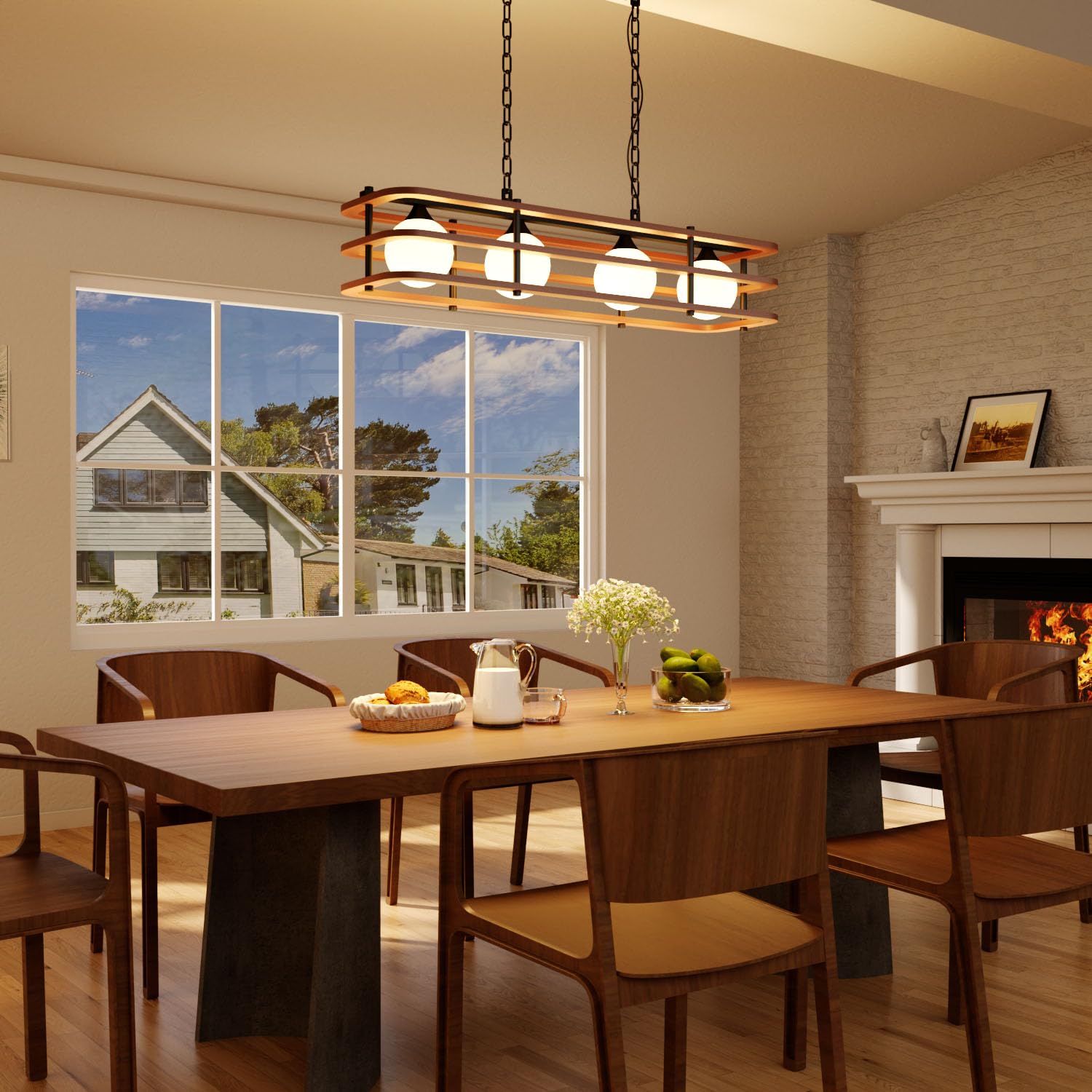 35.4" Farmhouse Kitchen Island Lighting, 4-Light Wood Rustic Linear Chandeliers