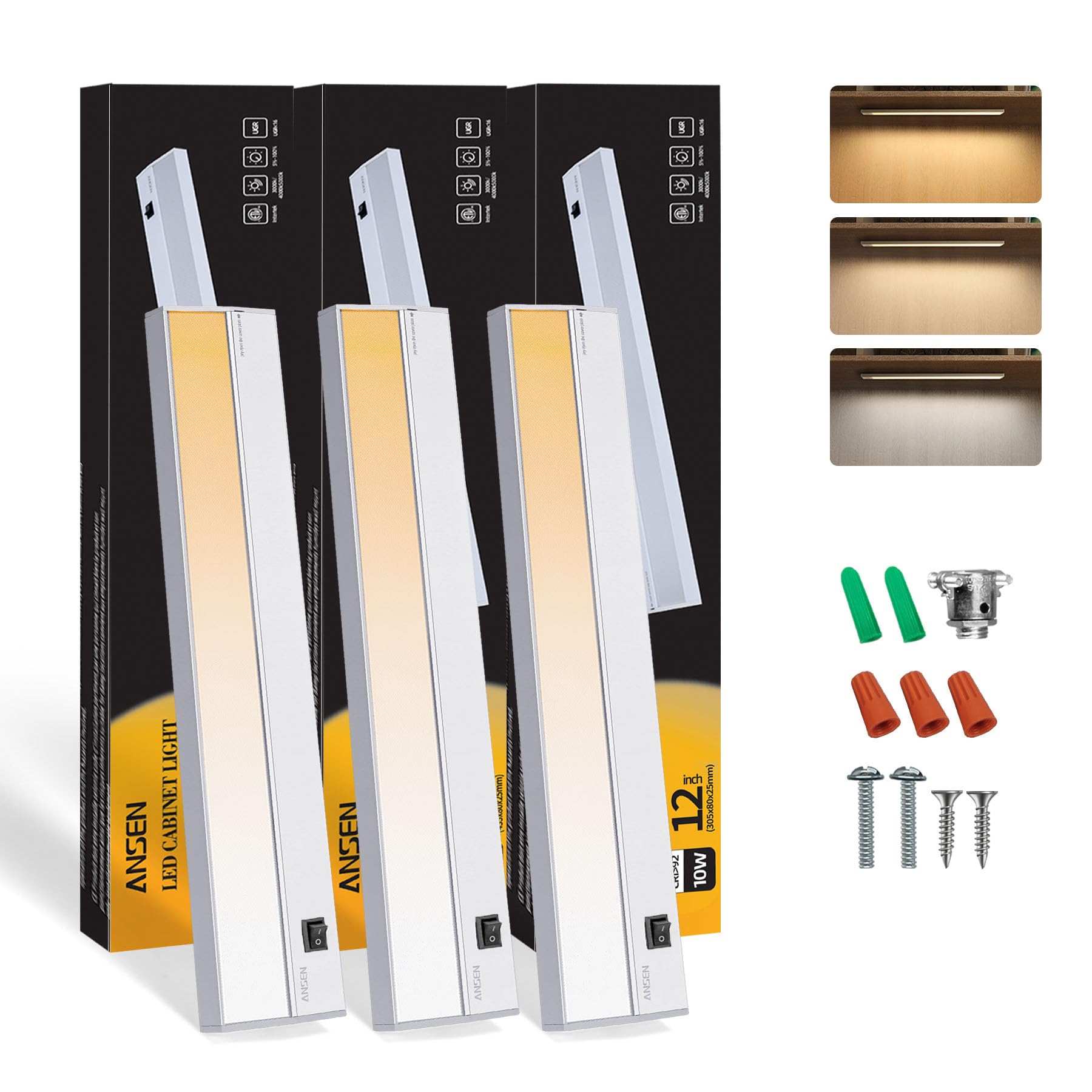 3Packs of Under Cabinet Lights for Kitchen, 12in 10W 666LM, Dimmable Hardwire Led Light
