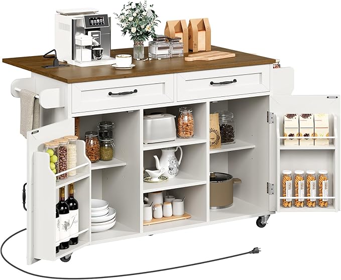 Kitchen Island with Power Outlets & Drop Leaf, Kitchen Cart with Storage