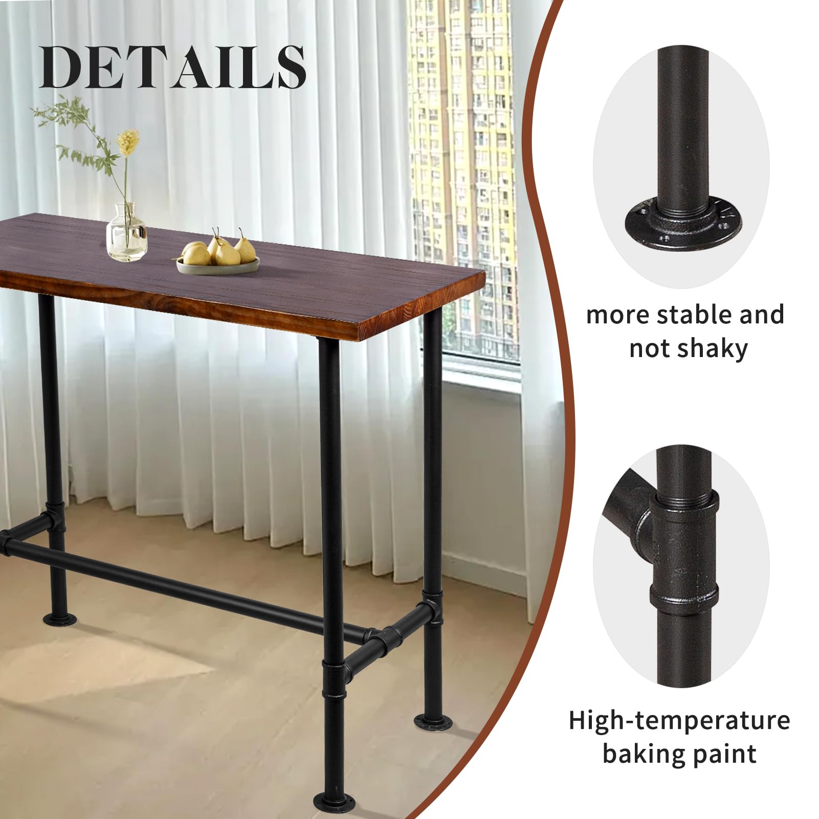 Diwhy DIY Industrial Design Pipe Dining Table Casual Pub BAR Laptop Table Modern Studio Wood and Metal Rectangular Dining Table homeoffice Desk Breakfast high bar Table Brown Desktop 47.3" × 23.6"