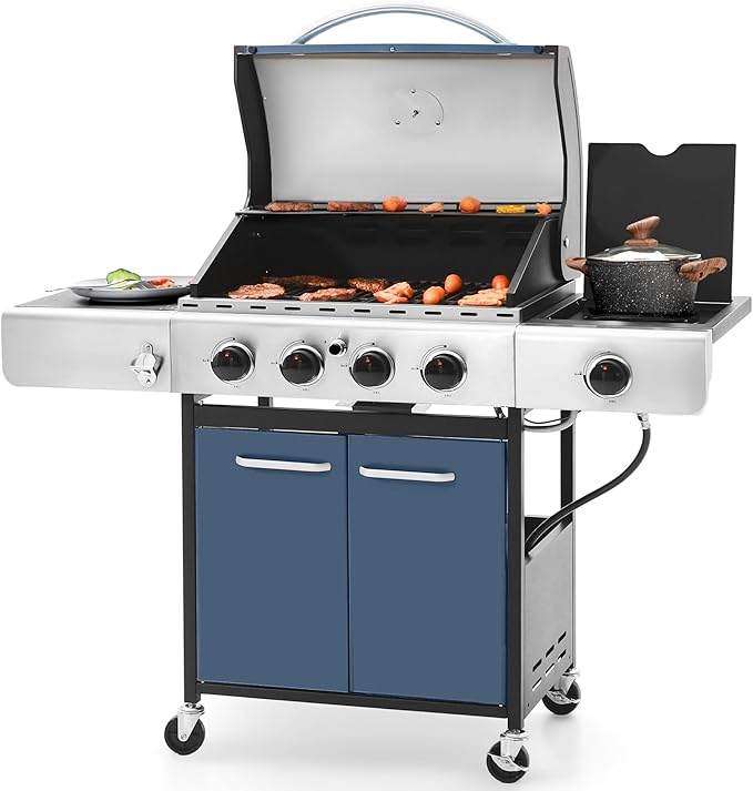 4-Burner Propane Gas BBQ Grill with Side Burner and Porcelain-Enameled Cast Iron Grates
