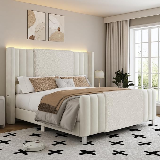 Queen Size Bed Frame with Tall Headboard and Footboard, Boucle and Velvet Upholstered