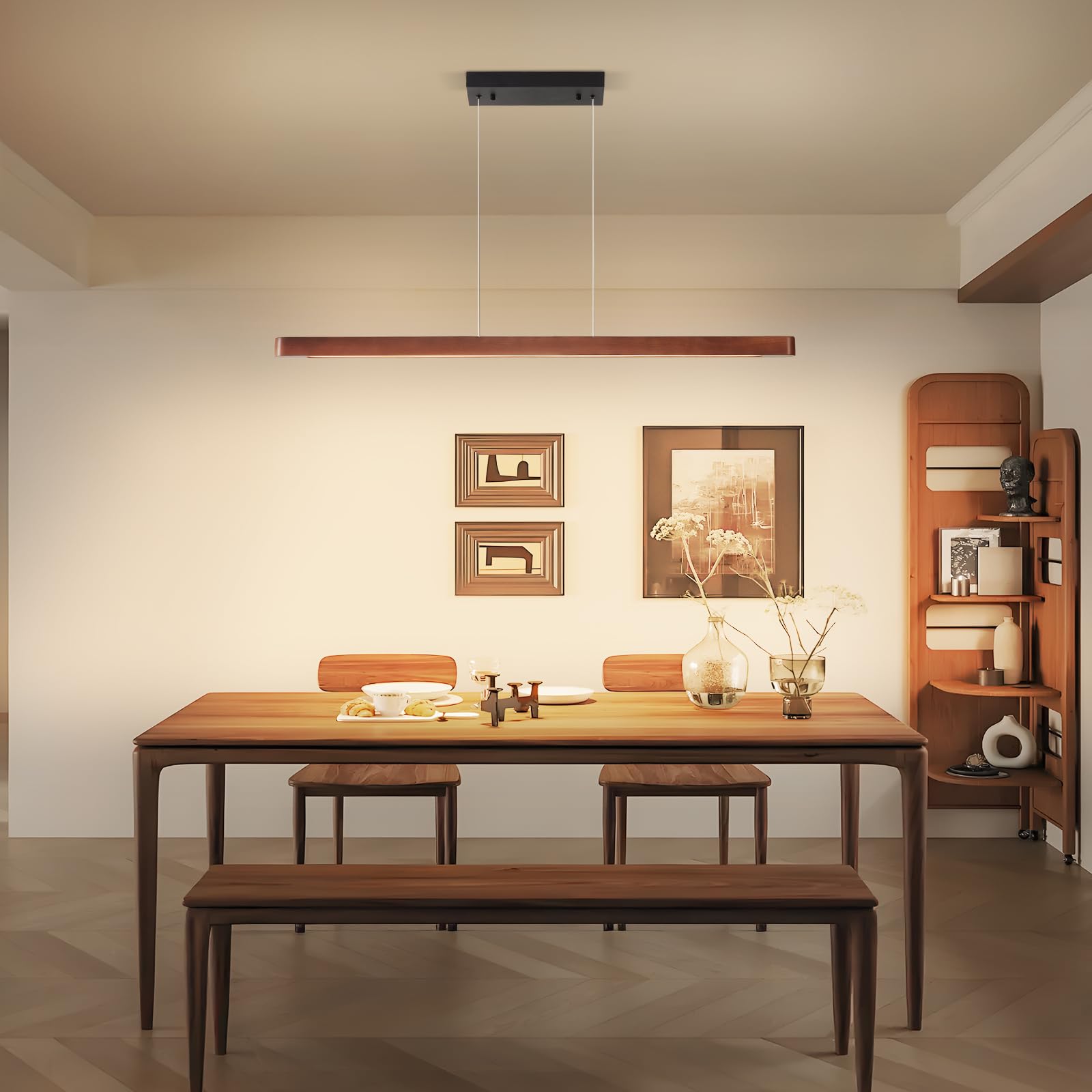 43.3in Wood Kitchen Island Light, Rustic Linear Chandelier, Farmhouse Pendant Lights