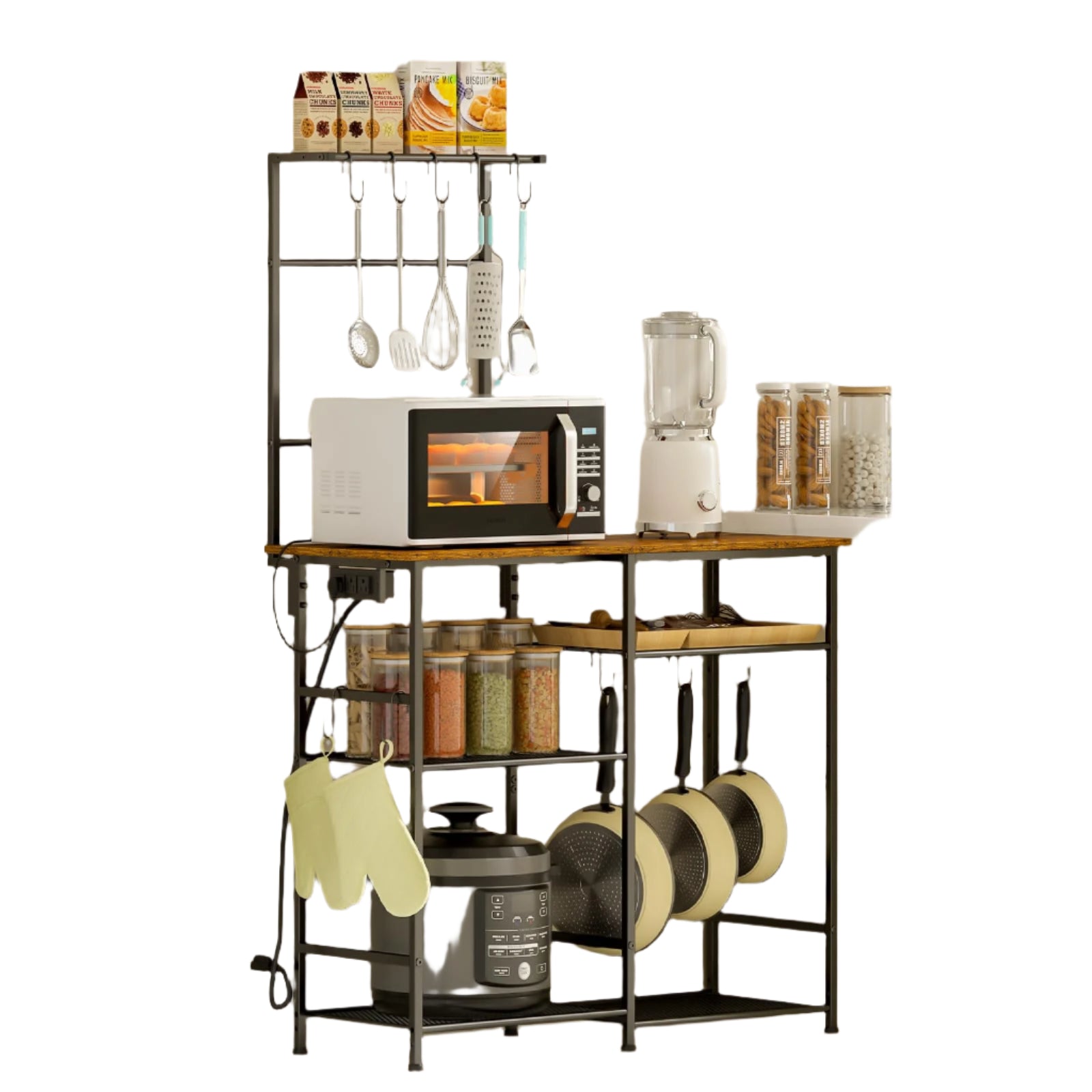 Bakers Rack with Power Outlet, Kitchen Microwave Stand with 10 S-shaped Hooks