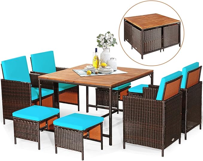 9-Piece Outdoor Dining Set - Patio Wicker Furniture Set w/Acacia Wood Tabletop
