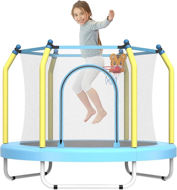 Mersco 55" Toddler Trampoline for Kids 2-5, 440lbs Indoor & Outdoor Mini Trampoline with Net, Basketball Hoop, for Boys & Girls