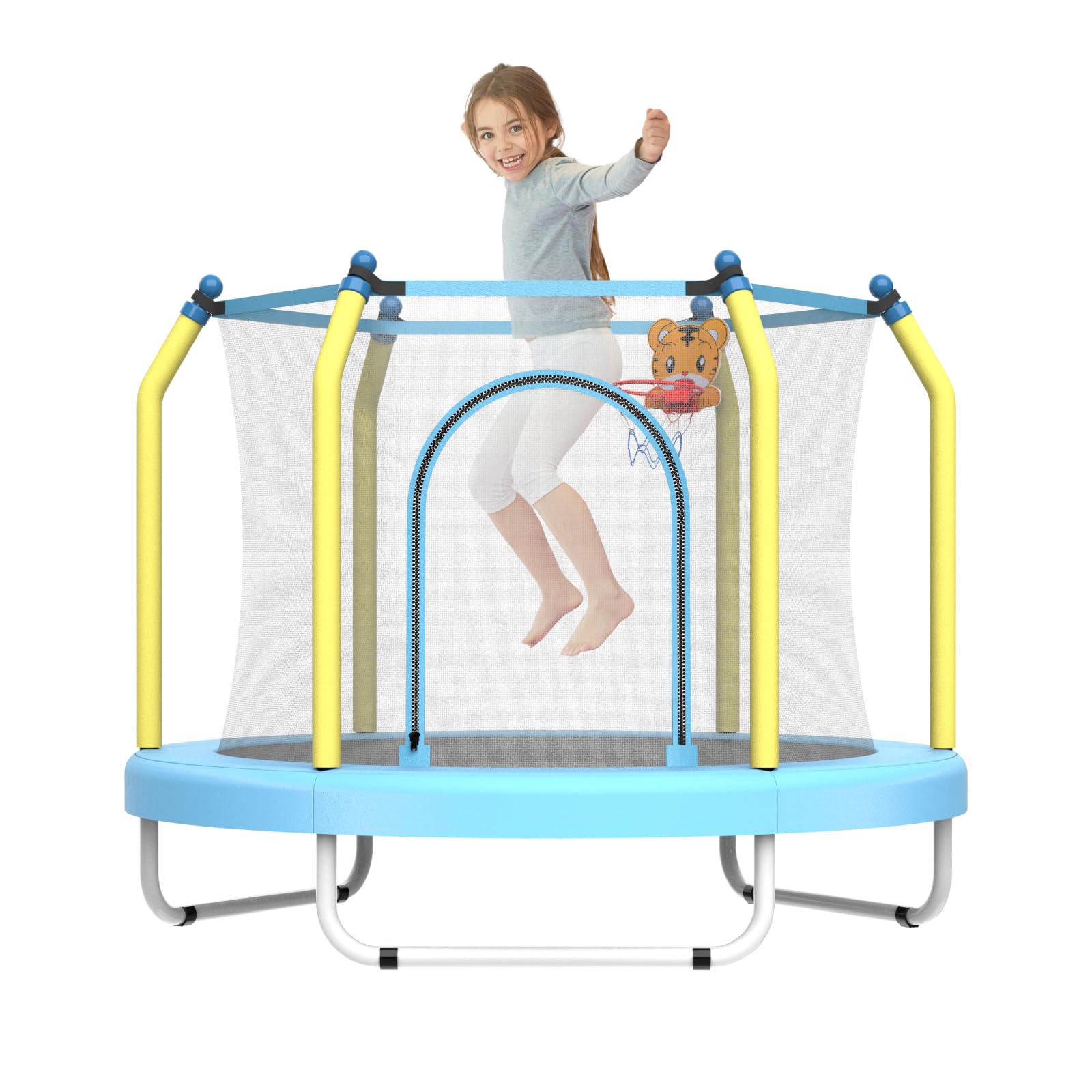 55" Trampoline for Kids, 440lbs Capacity Indoor & Outdoor Small Toddler Trampoline with Net, Basketball Hoop, Birthday Gifts for Boys & Girls