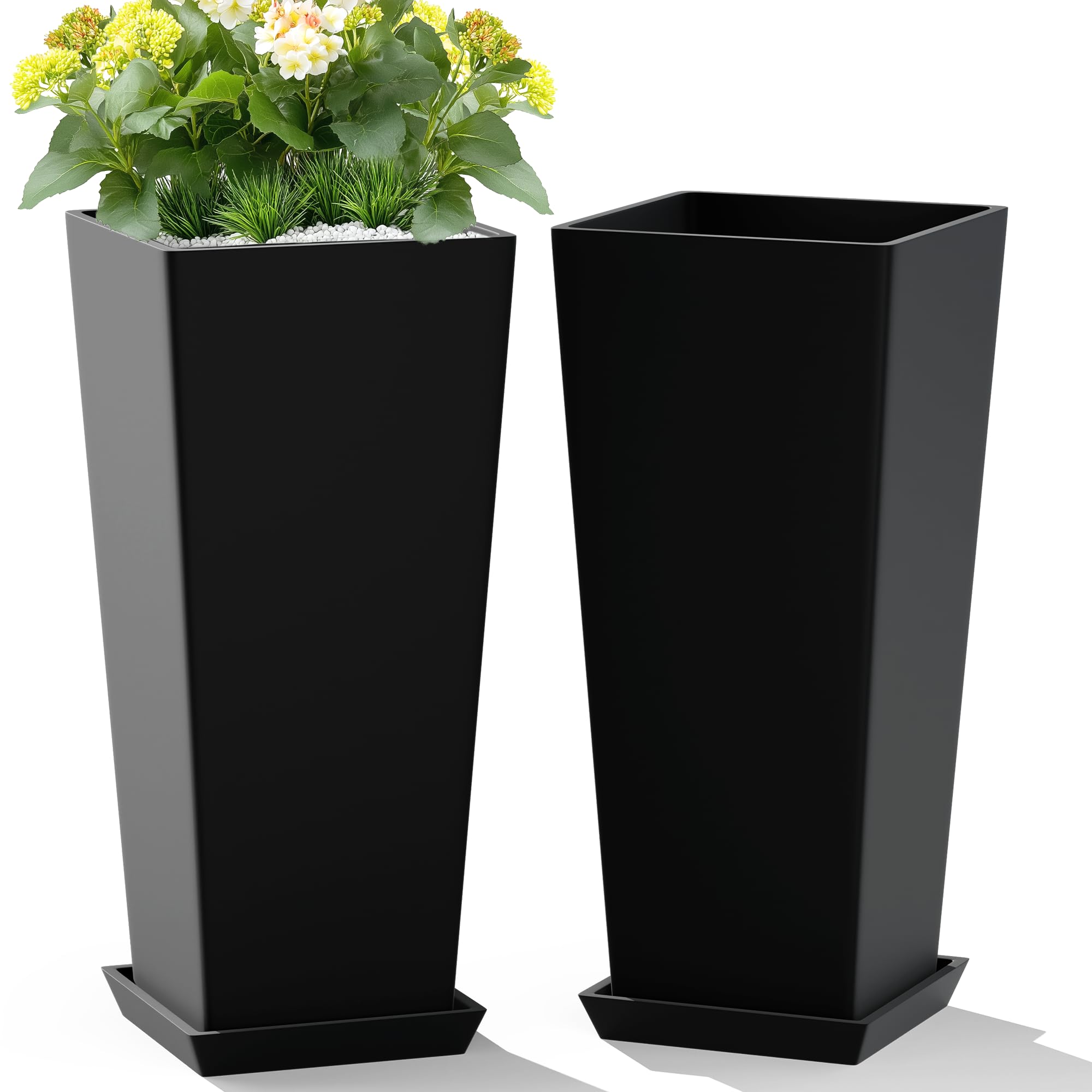 Set of 2 Large Tall Planter for Indoor or Outdoor 24" Flower Pots Tapered Tall Planters