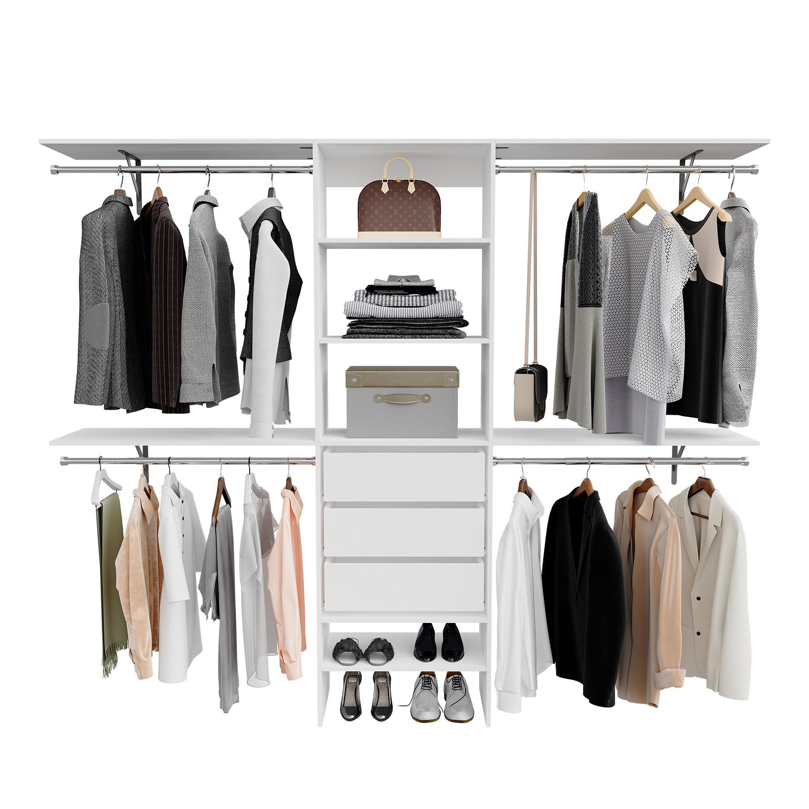 96 inch Closet System with 3 Drawers, 4 Hanging Rods, and 4 Shelving