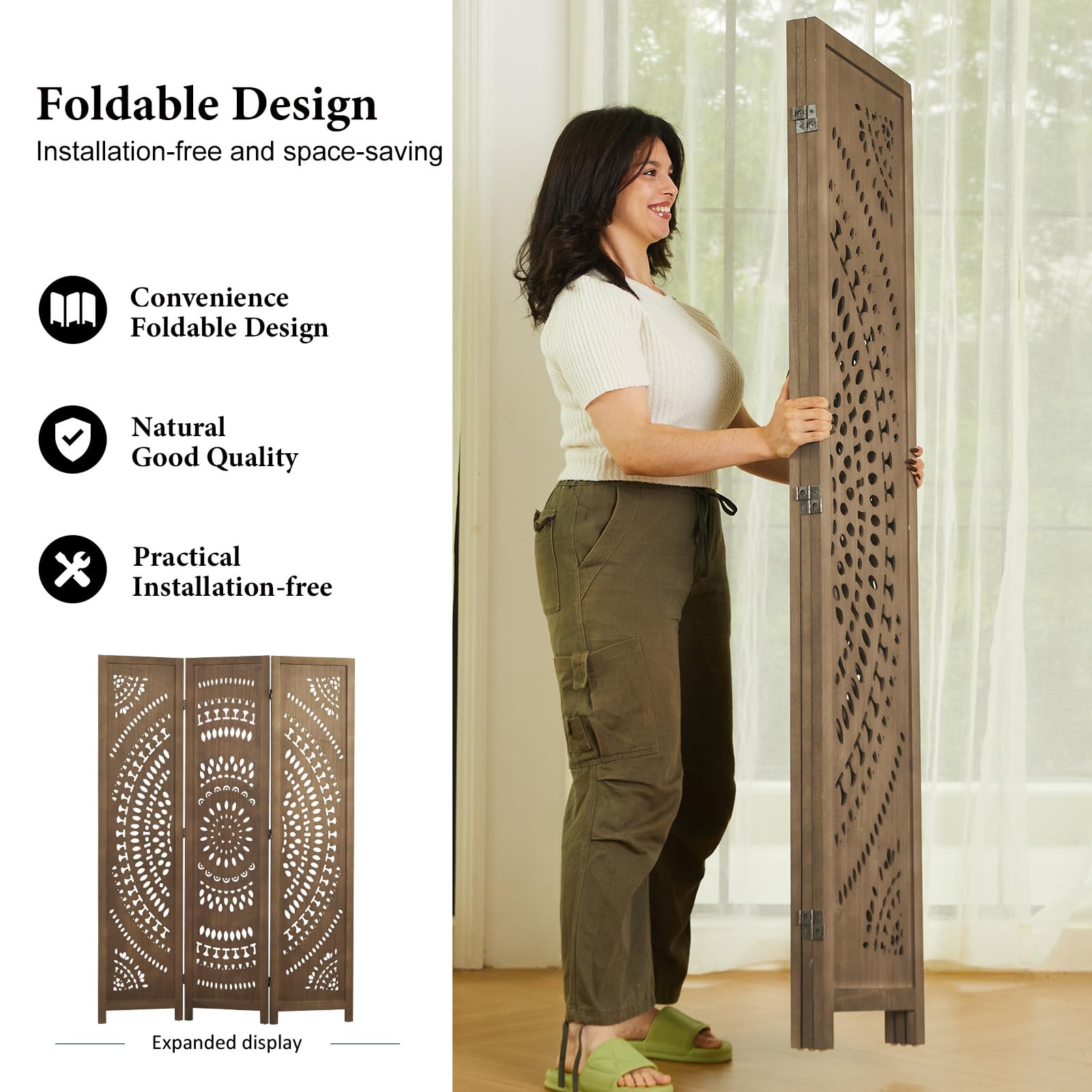 Svimi Room Divider Wood Carved Wall Divider Indoor Folding Bohemian Style Portable Partition Screen for Home Office Garden Terrace - 3 Panels (Brown)