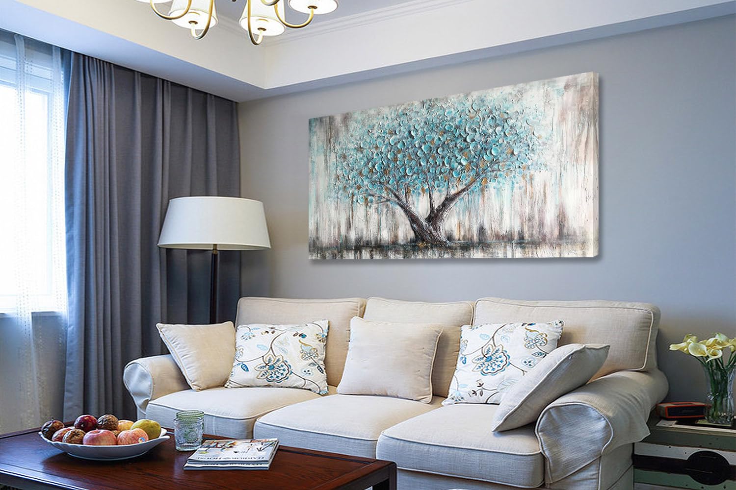 Tree Wall Art Teal Blue Nature Tree of Life Abstract Canvas Painting Textured Picture