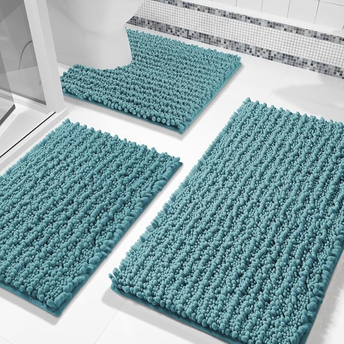 Bathroom Rugs Sets 3 Piece, Fluffy Plush Chenille Bath Room Mats Set