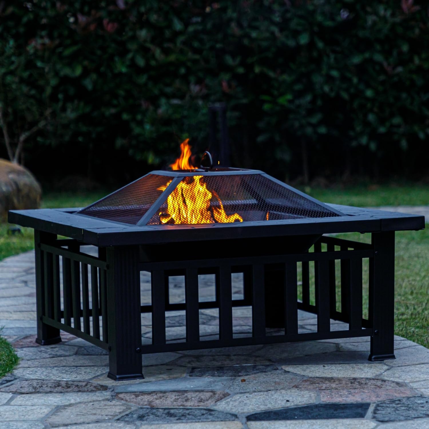 Multifunctional Fire Pit Table 32 inch Square Metal Firepit Stove Backyard Patio Garden