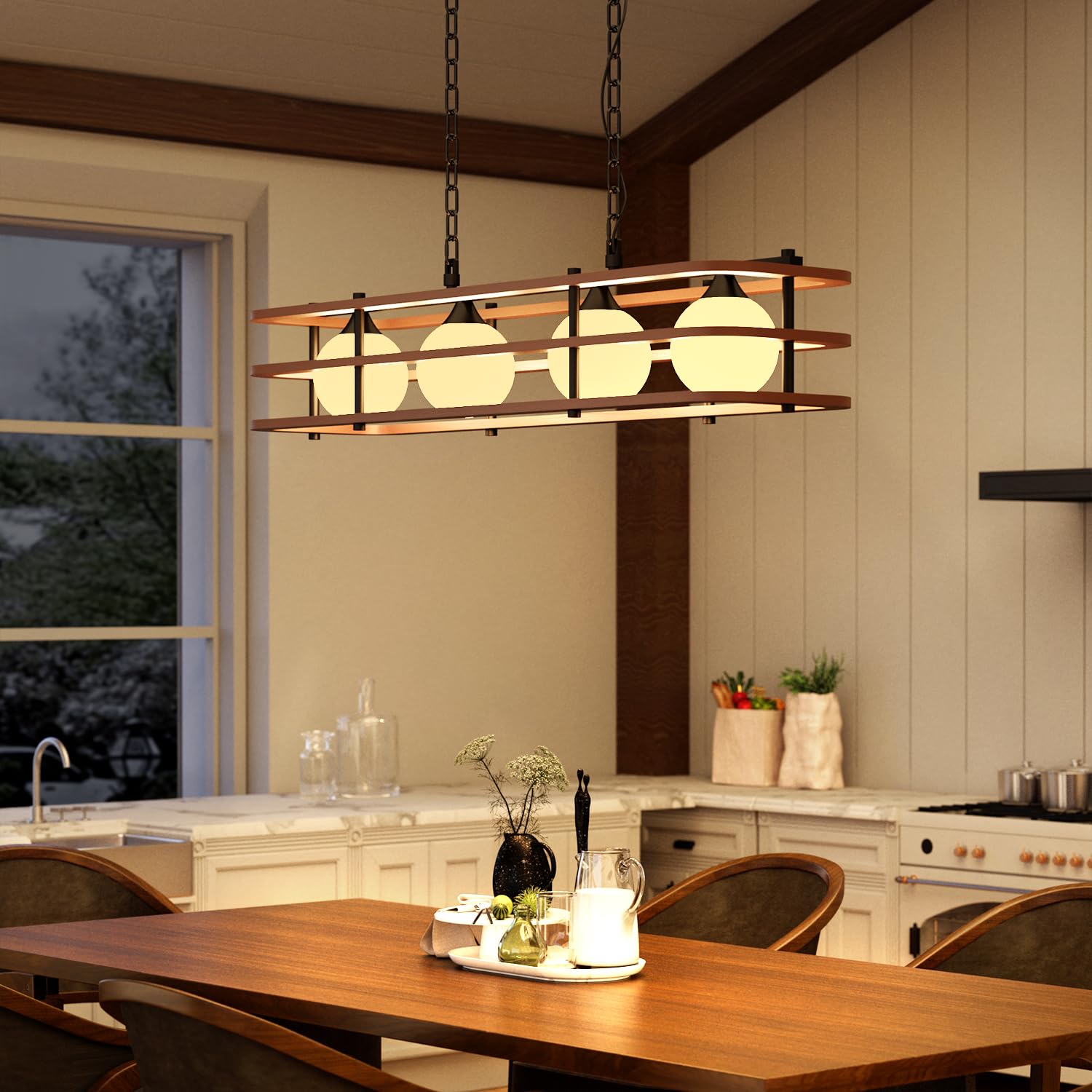 35.4" Farmhouse Kitchen Island Lighting, 4-Light Wood Rustic Linear Chandeliers