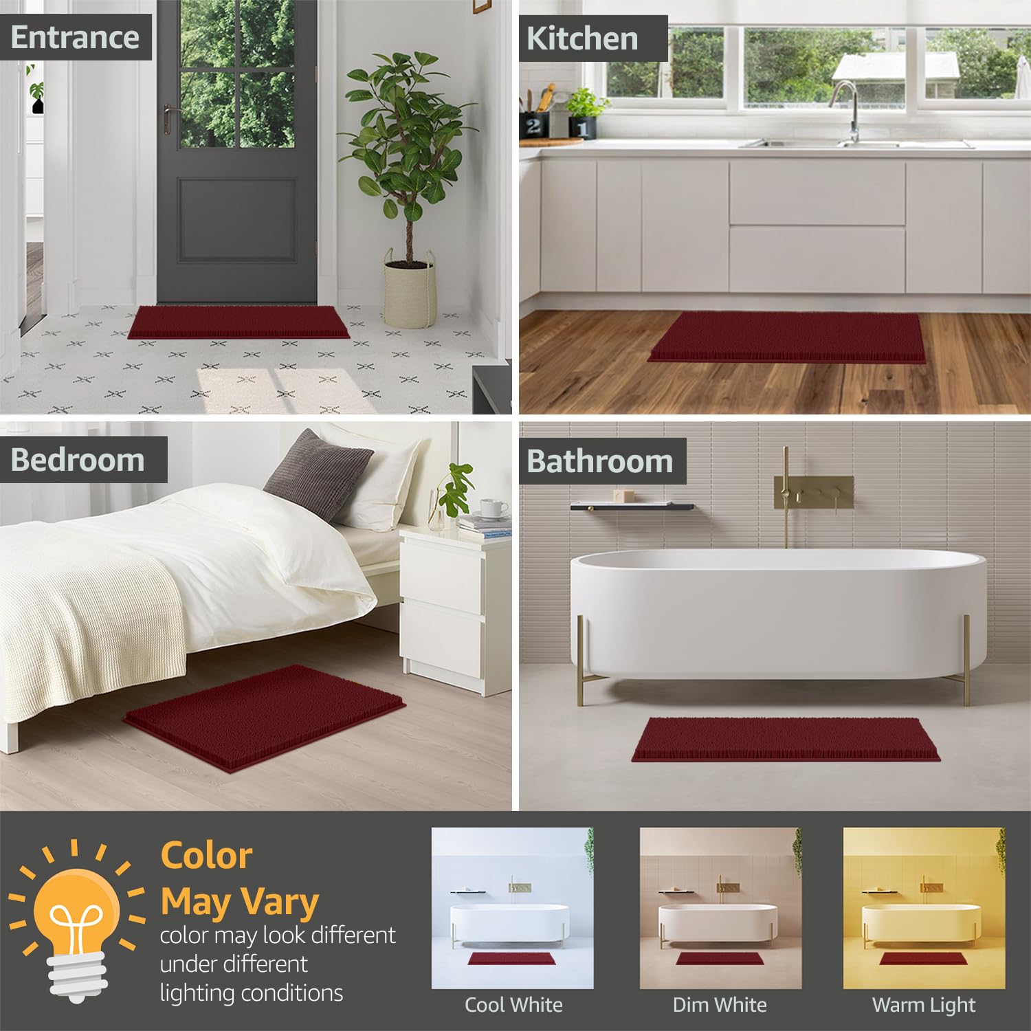 LuxUrux 4-Piece Bathroom Rug Set - Soft Chenille Mats, Non-Slip Toilet Mat & Lid Cover for Comfort & Style (20x20 U, 16x24, 20x30 & 19x19 inches, Burgundy)