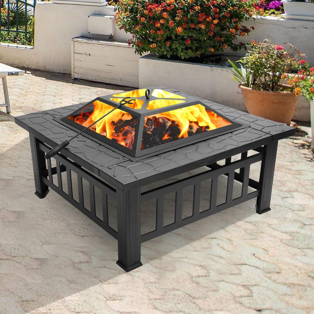 Metal Fire Pit Outdoor Backyard Patio Garden Square Stove Brazier