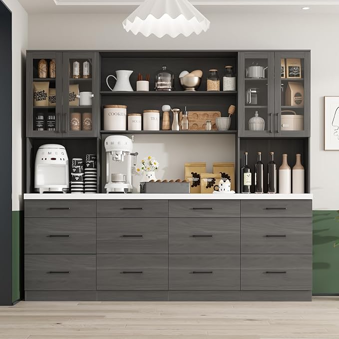 " W Kitchen Pantry with Countertop, 12 Drawers & 4 Glass Doors, Modern