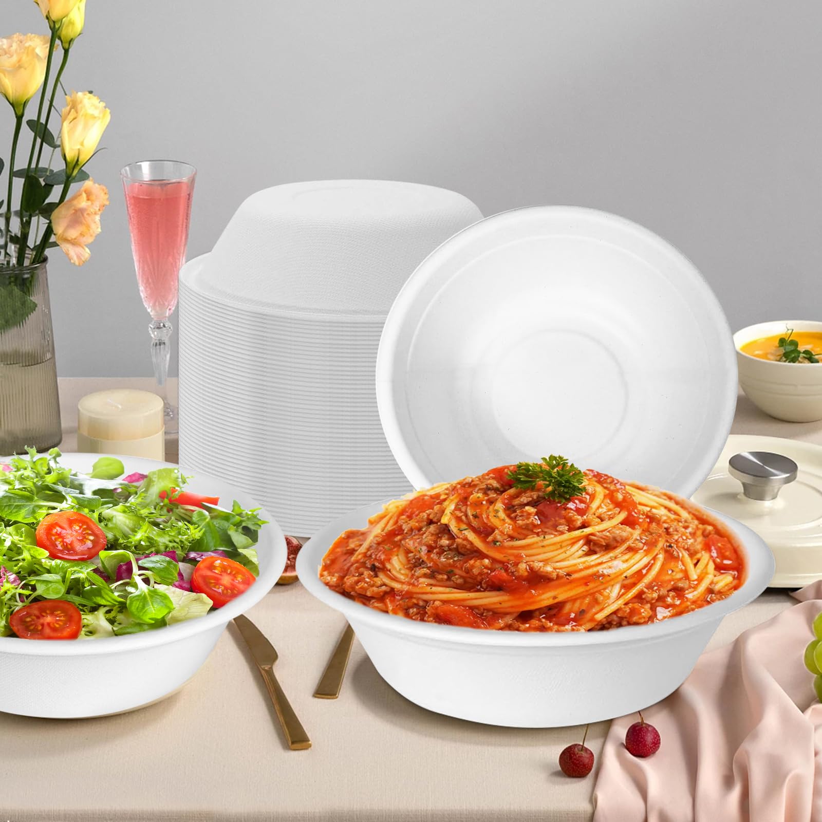 100 Pack 32 oz Paper Disposable Compostable Bowls Heavy Duty White