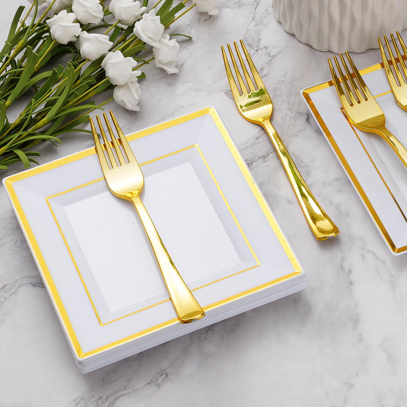 120 Pieces Gold Square Plastic Plates with Forks, Gold Dessert Plates