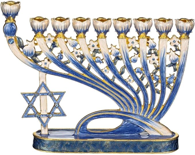 Hand Painted Blue and Ivory Tulip Menorah Candelabra, Embellished