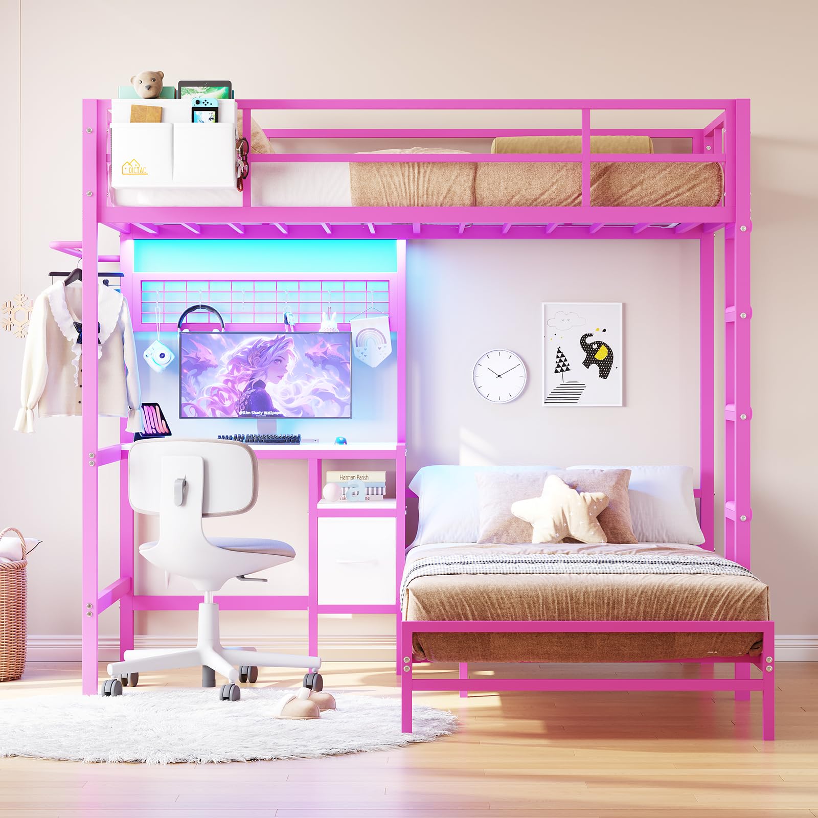 Bunk Bed with Desk and Charging Station Metal Loft Bed Twin Size