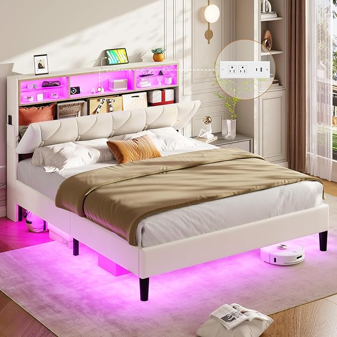 Full Size Bed Frame with Led Lights and Storage Headboard, LED Bed Frame with Charging