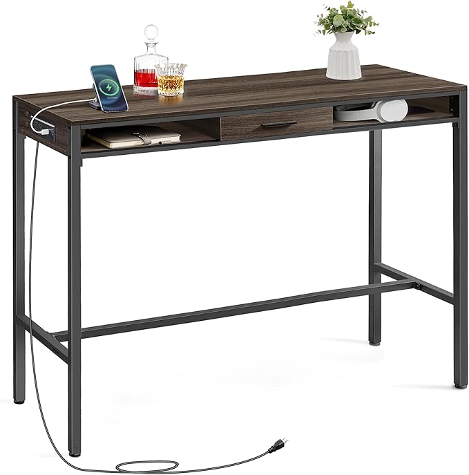 Bar Table with Power Outlet, 47.2 Inches Long Bar Height Pub Table
