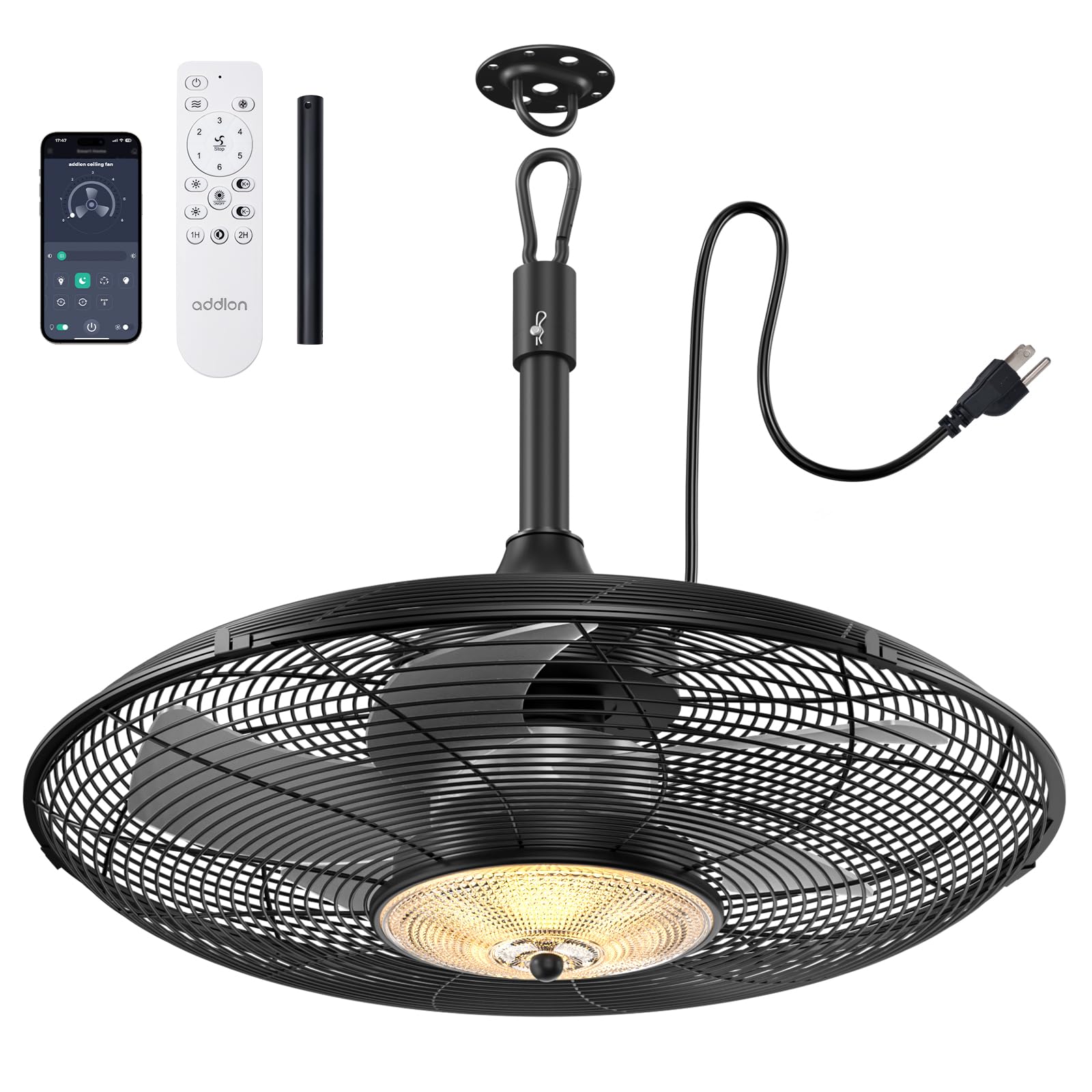 Outdoor Ceiling Fan with Light for Patios, 20 inch Black Waterproof Gazebo Fan