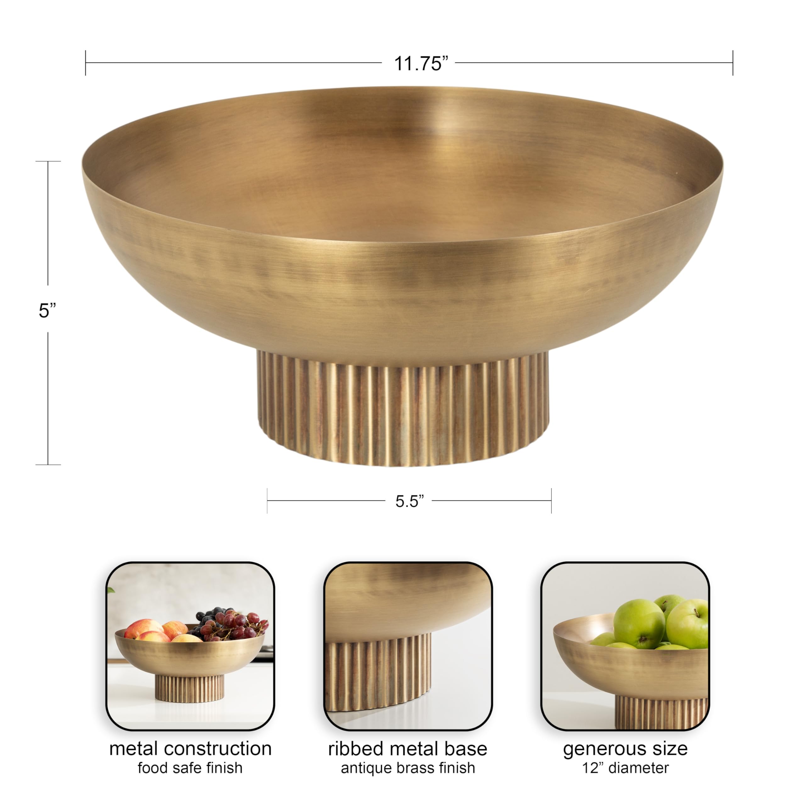 Decorative Metal Bowl, 12 Inch Diameter, Brass, Modern Raised Fruit Bowl for Kitchen