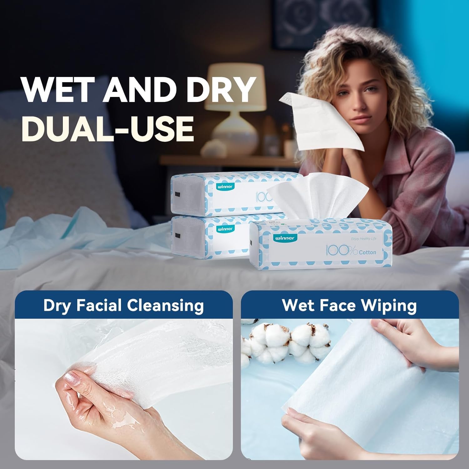 Winner Soft Face Towels, 100% USDA Biobased Facial Towels, Unscented Cotton Tissues for Sensitive Skin, OEKO-TEX Certified Face Towelettes Disposable, Makeup Remover Dry Wipes, 600 Ct, 6 Pack