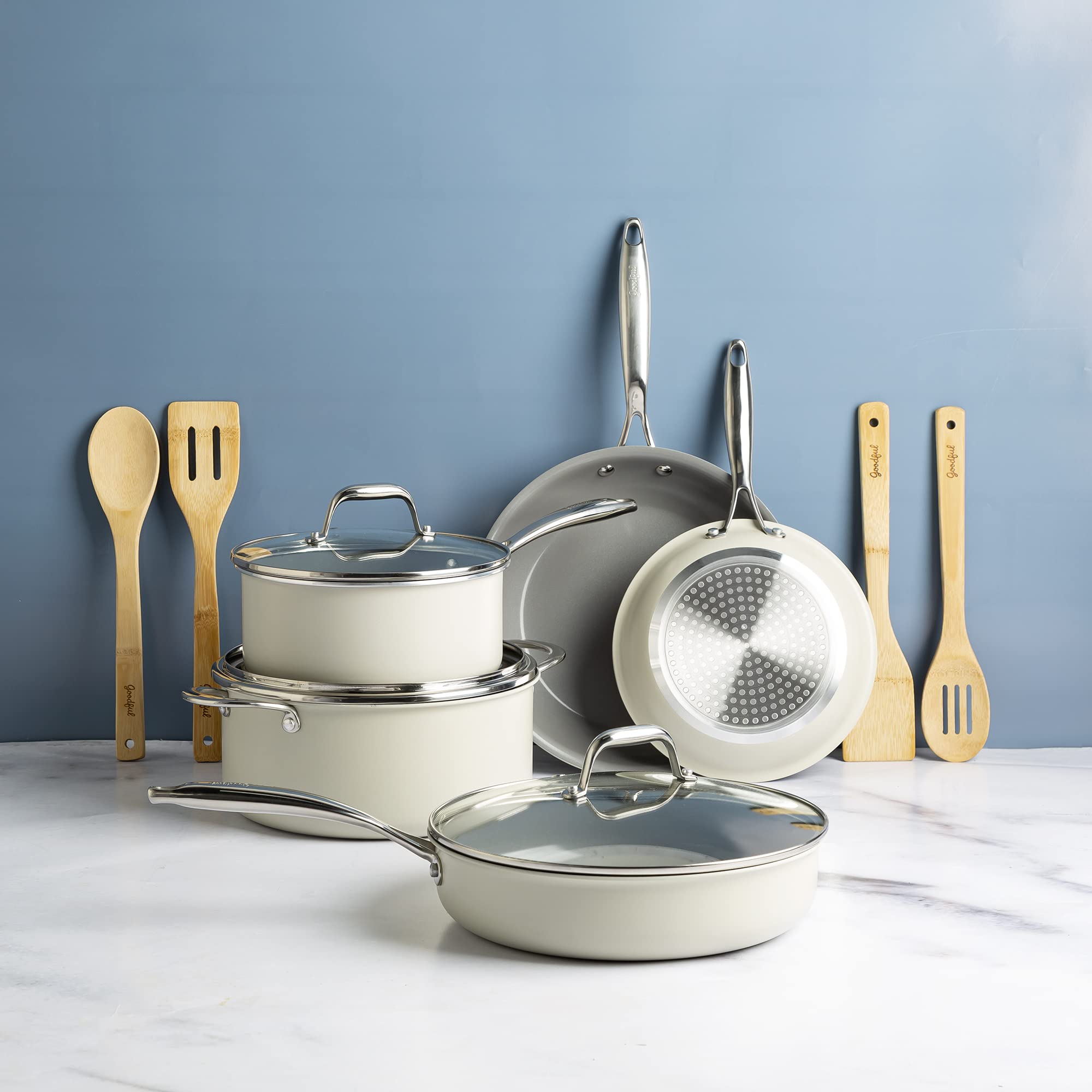 Ceramic Nonstick Pots and Pans Set, Titanium-Reinforced Premium Nonstick Coating