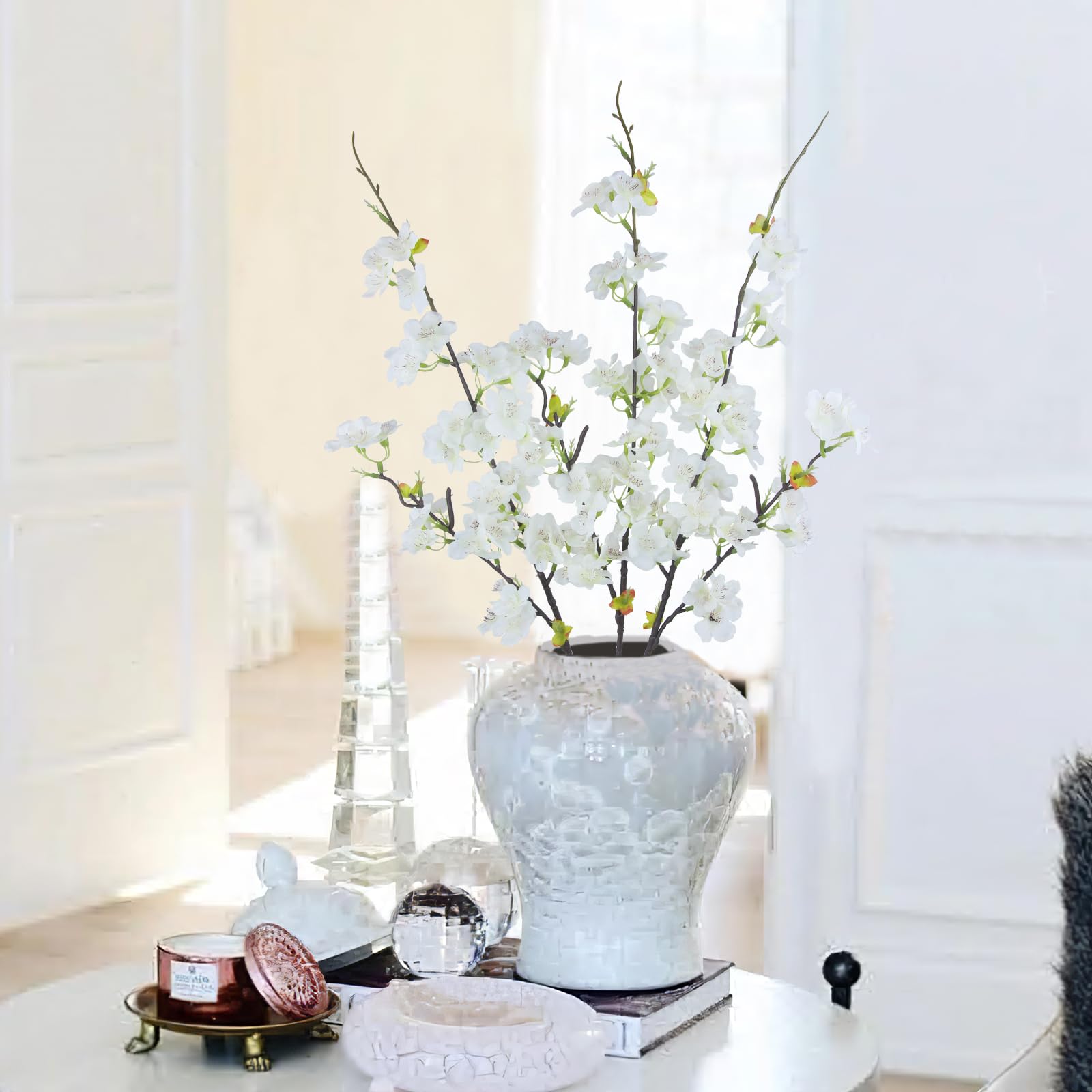3 Pcs Artificial Cherry Blossom Branches Flowers White Silk Peach Flowers Bulk Faux