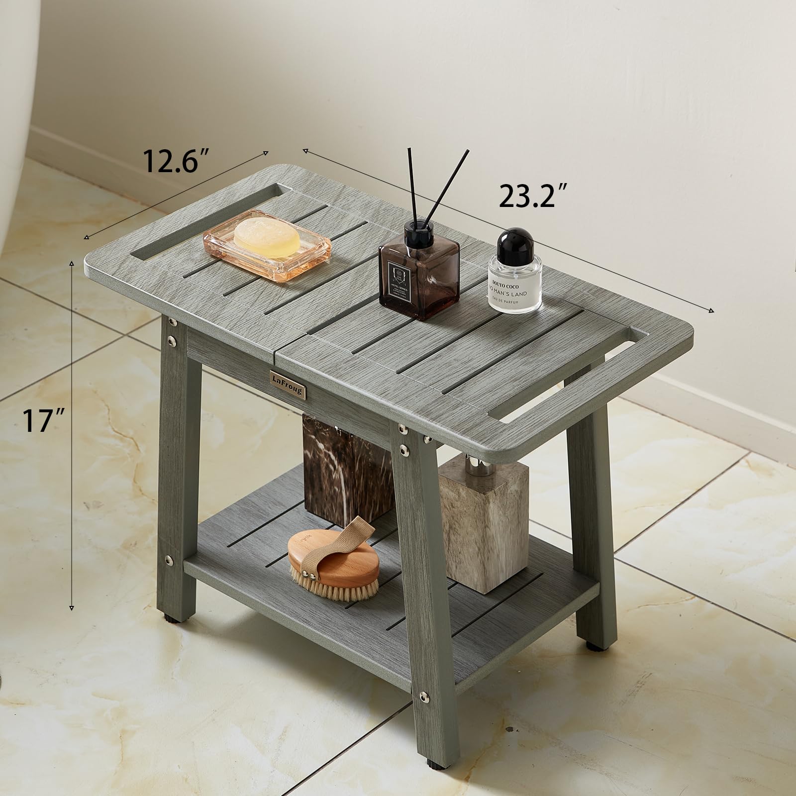 LaFroug Large Shower Bench, Heavy Duty HDPS Shower Stool for Inside Shower, 2 Tier Shower Chair Seat with Shelf for Bath, Waterproof Shower Foot Rest for Shaving Legs with Adjustable Feet, Gray