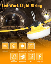 JC-LGL LED Construction String Light 100FT, 130W 16000Lm Industrial LED String Work Lights with 10 Bulbs, Linkable 5000K Super Bright Temporary Lighting for Construction Site, Job Site, Work Site