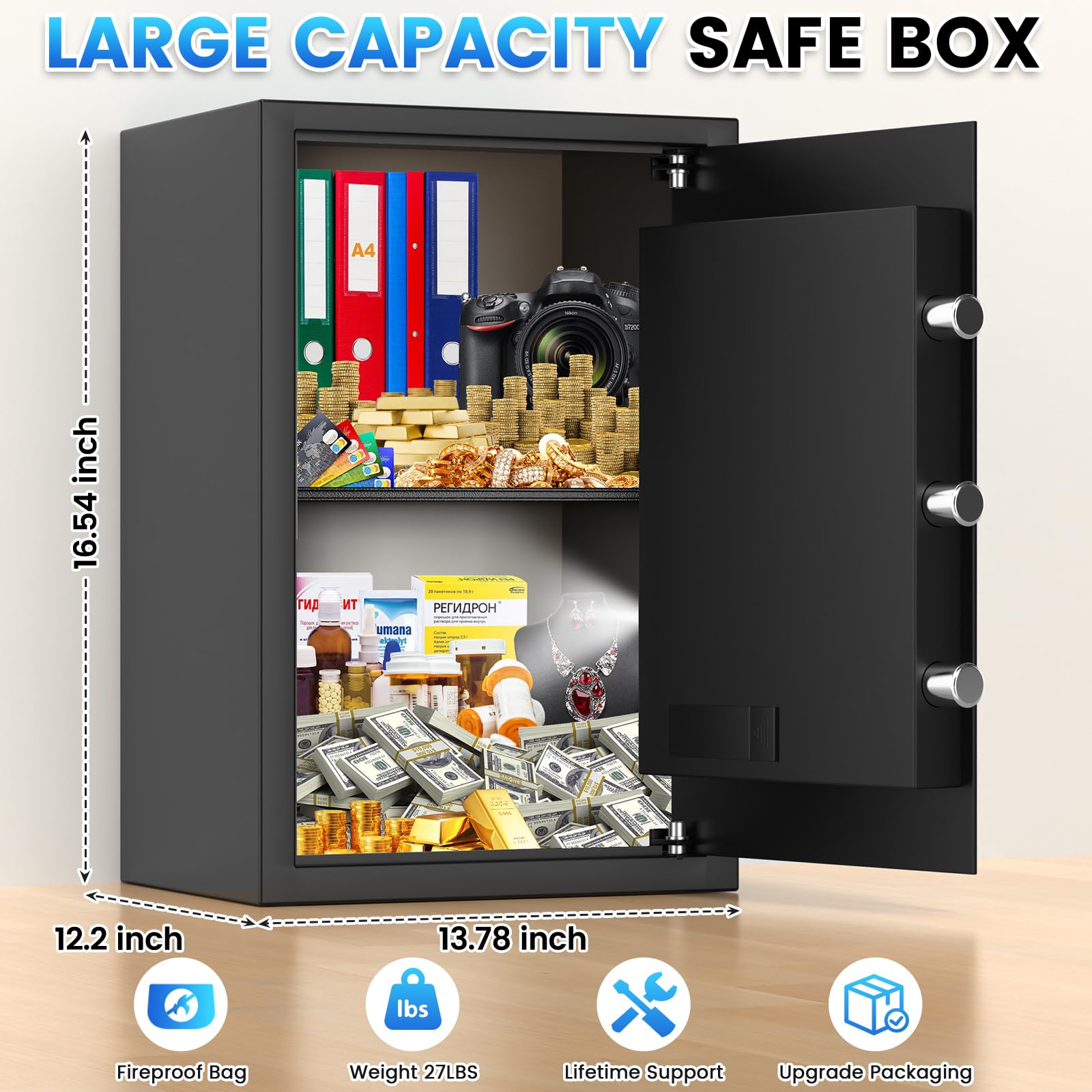 2.6 Cuft Fire Proof Safe for Home Documents, Home Safes Fireproof Waterproof, Fireproof Safe Box with LCD Digital Keypad, Alarm System, Hidden Code, Safety Box For Money Medicine Jewelry