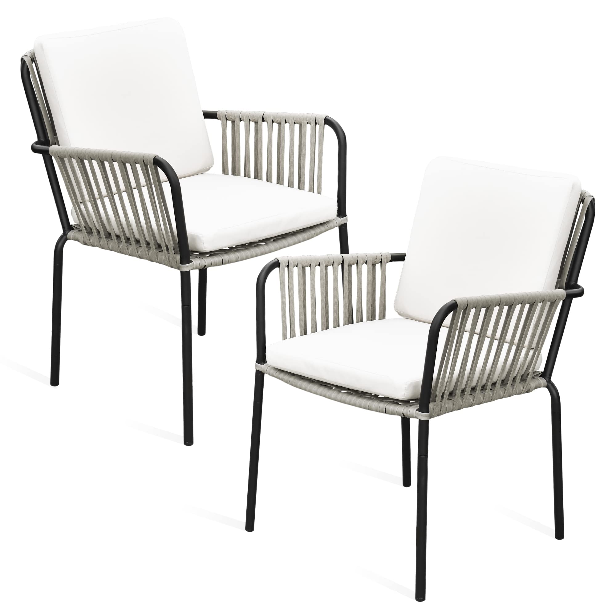 Outdoor Dining Chair Set of 2, All-Weather Rope & Wicker Rattan Woven Patio Chairs
