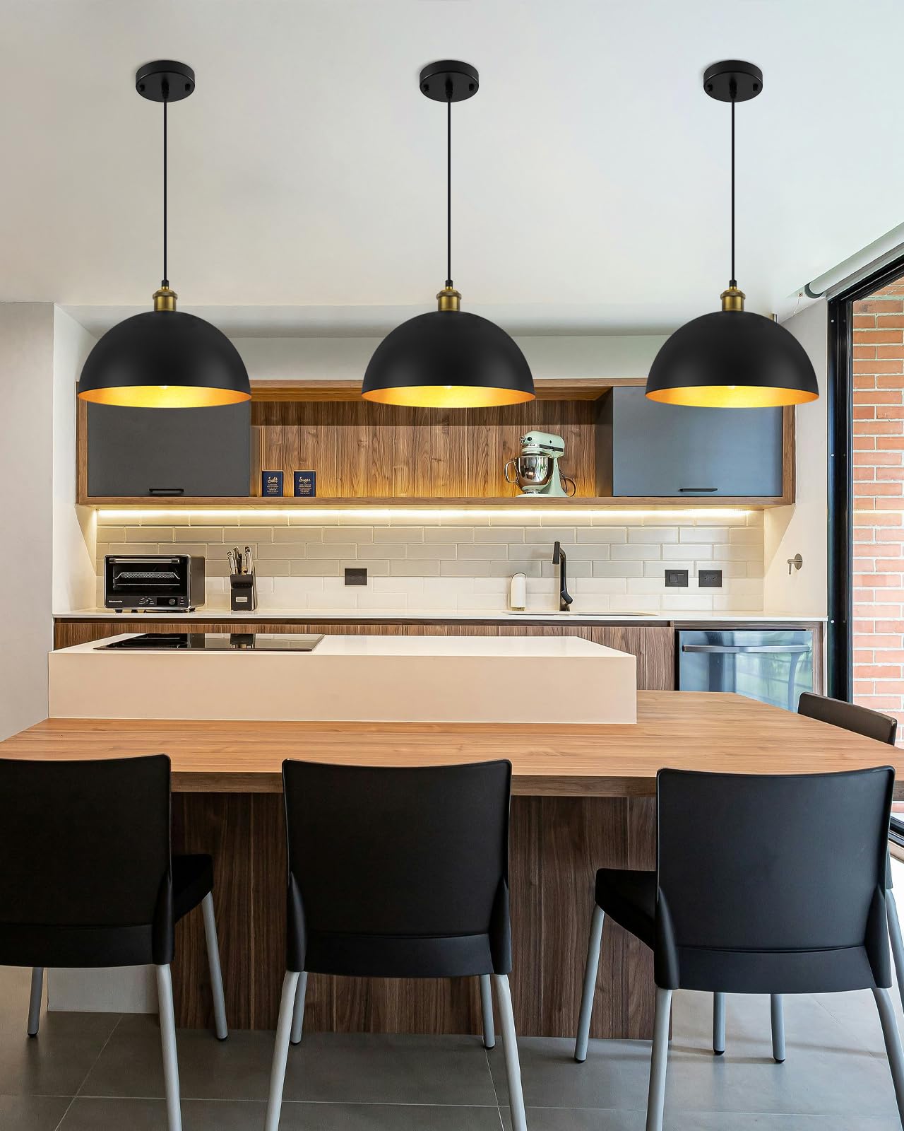 Black Pendant Lights Kitchen Island 3 Pack, Vintage Pendant Light with Dome Shade