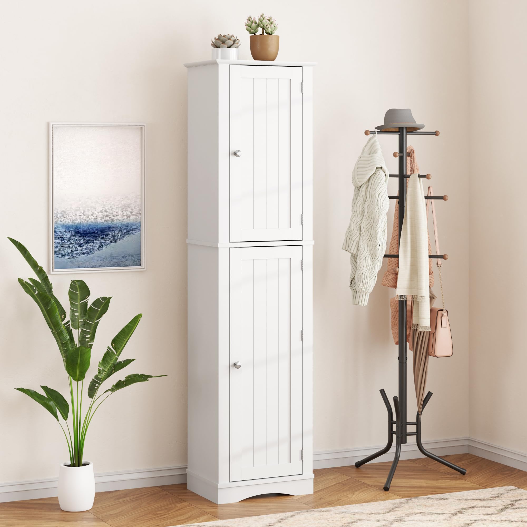 Tall Bathroom Storage Cabinet, 64" Slim Kitchen Pantry with Door Storage, Narrow Wood